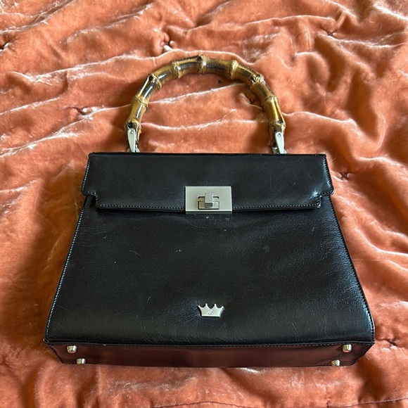 Elaine Turner Handbags - Women’s Elaine Turner Designs Black Satchel with Bamboo Handle and Lock Closure